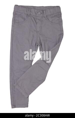 Jeans isolated. Close-up of a trendy stylish gray denim pants or trousers for child boy isolated on a white background. Jeans summer and autumn fashio Stock Photo