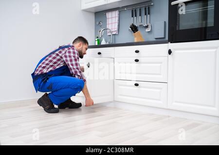 Young Handyman Fixing Sink Door In Kitchen Stock Photo