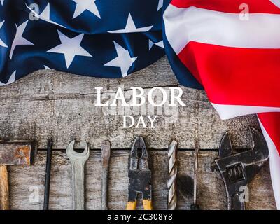 LABOR DAY. Hand tools lying on the table Stock Photo