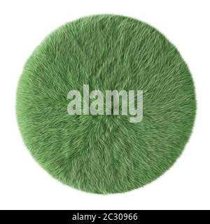 Round green carpet made of sheepskin wool on an isolated background. 3D rendering Stock Photo