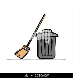Trash Can And Broom Vector Art Illustration Stock Vector
