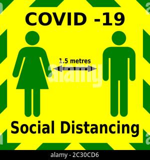 Green and yellow vector graphic of a man and a woman, warning to keep one and a half metres apart whilst social distancing during the corona virus out Stock Vector