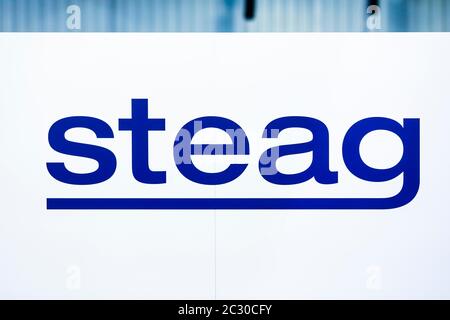 Steag, logo on the stand at the E-world energy water trade fair, Essen, North Rhine-Westphalia, Germany Stock Photo