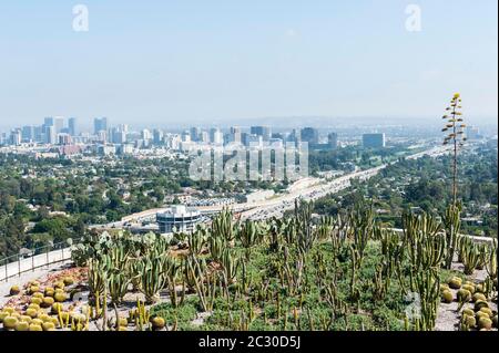 View of cactus garden and downtown from the Getty Center in Brentwood, J. Paul Getty Museum, Los Angeles, Los Angeles, California, USA Stock Photo