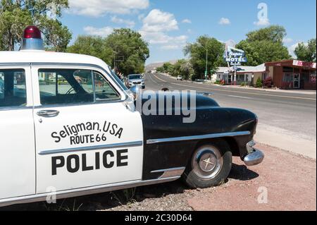 Old police car, Oldtimer Police, Historic Route 66, Seligman, Arizona, USA Stock Photo