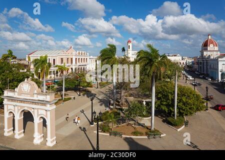 Porticoed Neoclassical buildings frame the Parque Jose Marti, Cienfuegos, Cuba Stock Photo