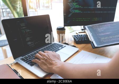 Asian team Outsource Developer Looking Screen Programming Code Working ...