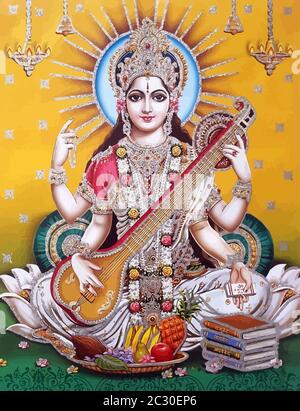 hinduism god Saraswati spiritual play veena holy culture illustration Stock Photo