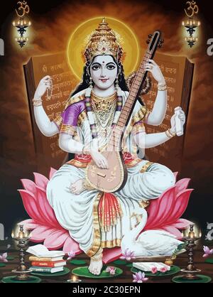 hinduism god Saraswati spiritual play veena holy culture illustration Stock Photo