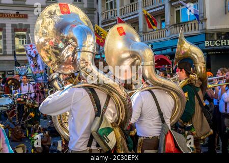 Guggen musicians play music in the Old Town, Carnival, Guedismaentig, Lucerne Carnival, Lucerne, Switzerland Stock Photo