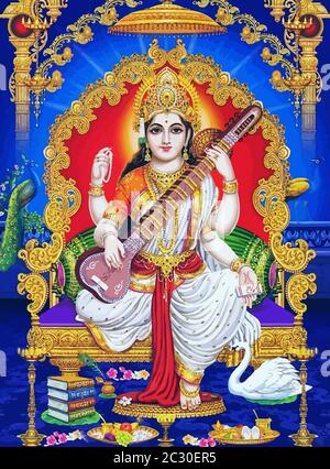 hinduism god Saraswati spiritual play veena holy culture illustration Stock Photo