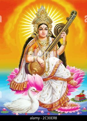 hinduism god Saraswati spiritual play veena holy culture illustration Stock Photo