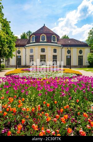 Wandelhalle in the spa garden, Bad Reichenhall, Berchtesgadner Land, Upper Bavaria, Bavaria, Germany Stock Photo