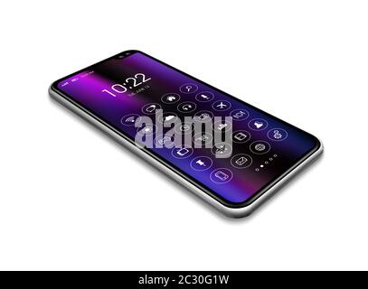 All screen digital realistic smartphone with icon set isolated on white. Perspective view 3D render Stock Photo