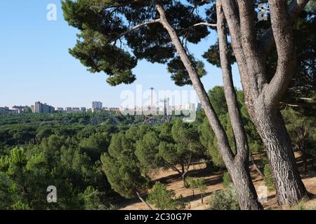 Madrid amusement park (Parque de Atracciones de Madrid) view from a view point. Casa de Campo, Madrid, Spain. Stock Photo