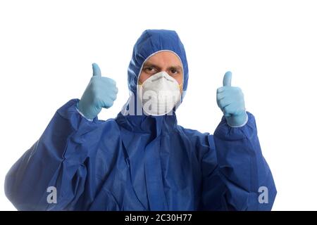 Doctor in protective clothing showing thumbs up. Everything will be O.K. Stock Photo
