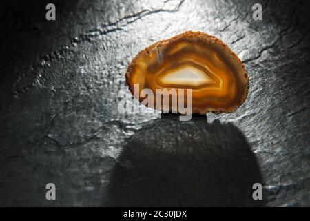 Brown agate slices on plate against thel light Stock Photo