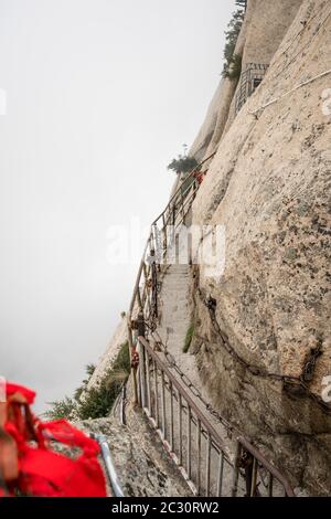 Dangerous and perilous Plank Walk trail closed for public access due to bad weather conditions, Huashan mountain, Xian, Shaanxi Province, China Stock Photo