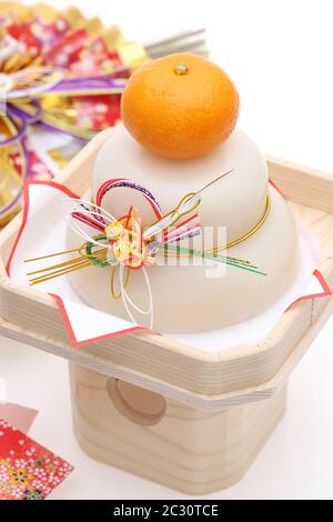 Traditional Japanese new year decoration Kagamimochi made from rice Stock Photo