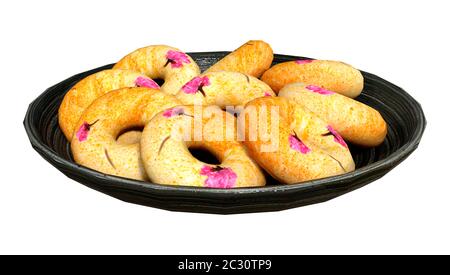 3D rendering of a Japanese cherry donuts plate isolated on white background Stock Photo