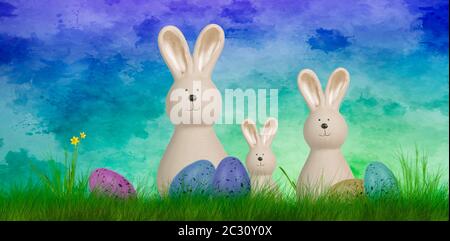 a colorful easter background with three bunnies and easter eggs Stock Photo