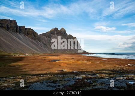 Vestrahorn mountain and viking village in Iceland Stock Photo