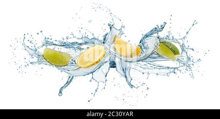 splashing of water waves with lemon slices, isolated on white Stock Photo