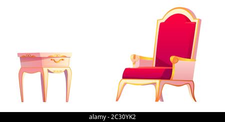Royal chair and bedside table for luxury bedroom interior. Vector cartoon set of vintage furniture, night stand with drawer and golden armchair with r Stock Vector