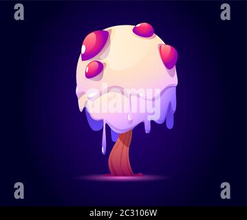 Fantasy tree with candy crown for ui game about alien magic world. Vector cartoon fantastic mushroom with slime, unusual tree with crown of flowing cr Stock Vector