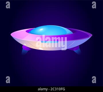 Alien spaceship, ufo in cosmos. Vector cartoon illustration of futuristic flying saucer, unidentified round rocket. Clipart of galaxy spacecraft, rock Stock Vector