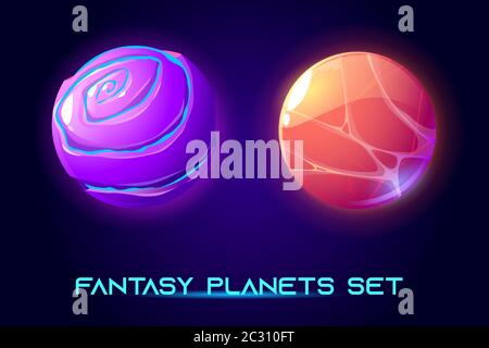 Fantasy space planets for ui galaxy game. Vector cartoon icons set of magic alien world, fantastic cosmic objects with liquid core, holes and spiral. Stock Vector