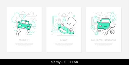 Car accidents - line design style banners set Stock Vector