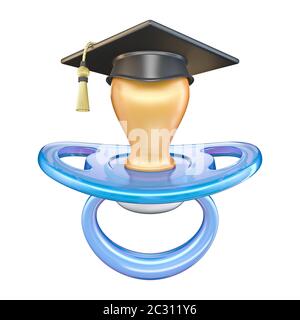 Blue pacifier with graduation cap 3D render illustration isolated on white background Stock Photo