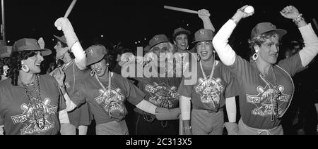 NY Mets baseball team at the Greenwich Village Halloween Parade, New York City, USA in the 1980's  Photographed with Black & White film at night. Stock Photo