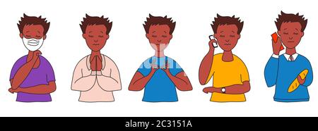 Set of different ethnicity men in colorful clothes. Different hand gestures - prayer and yoga. Young man with a phone and a medical mask. Eyes closed Stock Vector