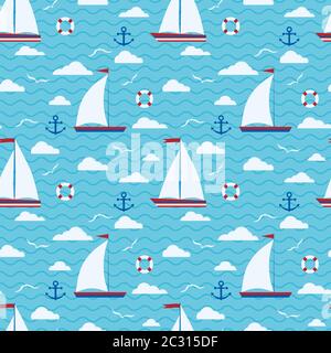 Marine cute vector seamless pattern with one two sails sailboat, clouds, anchor, lifebuoy, gull. Stock Vector