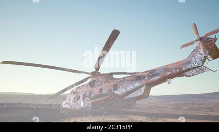 old rusted military helicopter in the desert at sunset Stock Photo