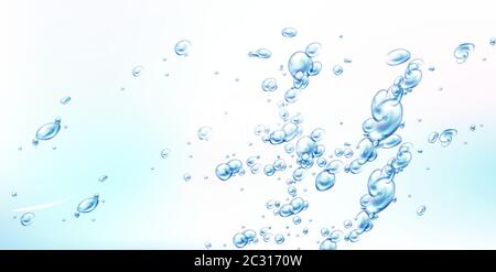 Abstract background with air bubbles on blue water surface, dynamic motion, transparent aqua, randomly moving underwater fizzing, drink or cosmetics a Stock Vector