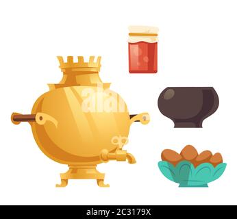 Samovar, jam in glass jar, pot and cakes. Vector cartoon traditional russian utencil and food for teatime isolated on white background. Vintage golden Stock Vector