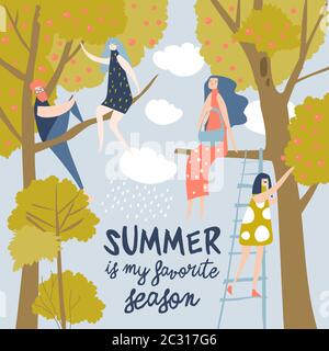 Happy cartoon people sitting on tree. Hello summer Stock Vector