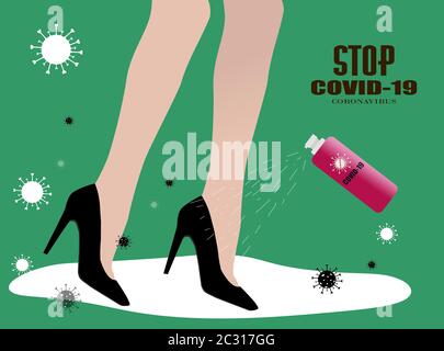 Alcohol spray bottle. Cleaning shoes from coronavirus (COVID-19) and bacteria when arrive home. Flat vector Illustration. Stock Vector