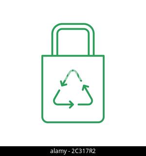 Cotton bag with recycle symbol. Say no to plastic bags concept. Cloth eco bag. Line icon. Green outline on white. Reusable shopping bag. Vector Stock Vector
