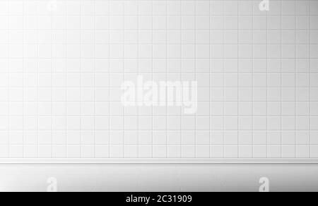 White tile wall and floor in bathroom vector seamless background, empty kitchen or toilet interior room with square mosaic surface, ceramic tiled grid Stock Vector