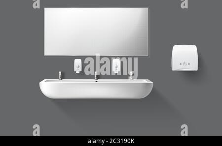 Public toilet with white ceramic sink and mirror. Vector realistic accessories for interior restroom with washbasin and hand dryer isolated on gray wa Stock Vector