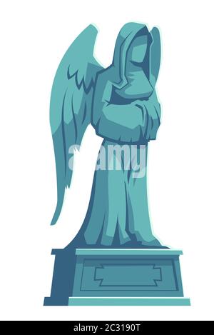 Angel stone figure, cemetery marble tombstone memorial, catholic graveyard, ossuary or crypt rip symbol, gothic statue, halloween illustration isolate Stock Vector