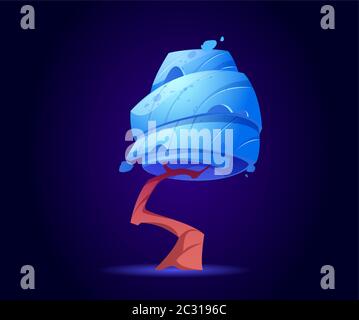 Fantasy tree, alien or magic unusual wood with blue glowing twisted spiral shape crown and curved trunk, nature element isolated on dark background. S Stock Vector