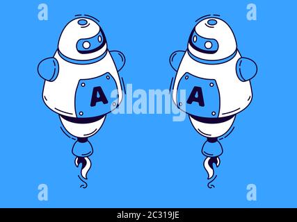 Robot in isometric style on blue background. Vector flat service support chat bot. Cartoon android with artificial intelligence, virtual assistant for Stock Vector