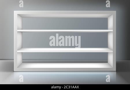 White showcase with shelves in shop, boutique or gallery. Vector realistic mockup of empty display stand, rack or bookshelf for presentation products Stock Vector