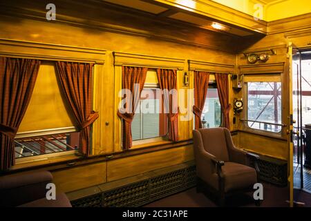 Interior of Pullman train car, Steamtown National Historic Site, Scranton, Pennsylvania, USA Stock Photo