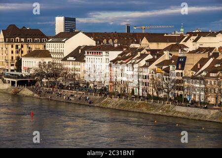 View on Basel city and river Rhine, Switzerland. Heritage, beautiful. Swiss city Basel in sunny weather in winter. View of the e Stock Photo